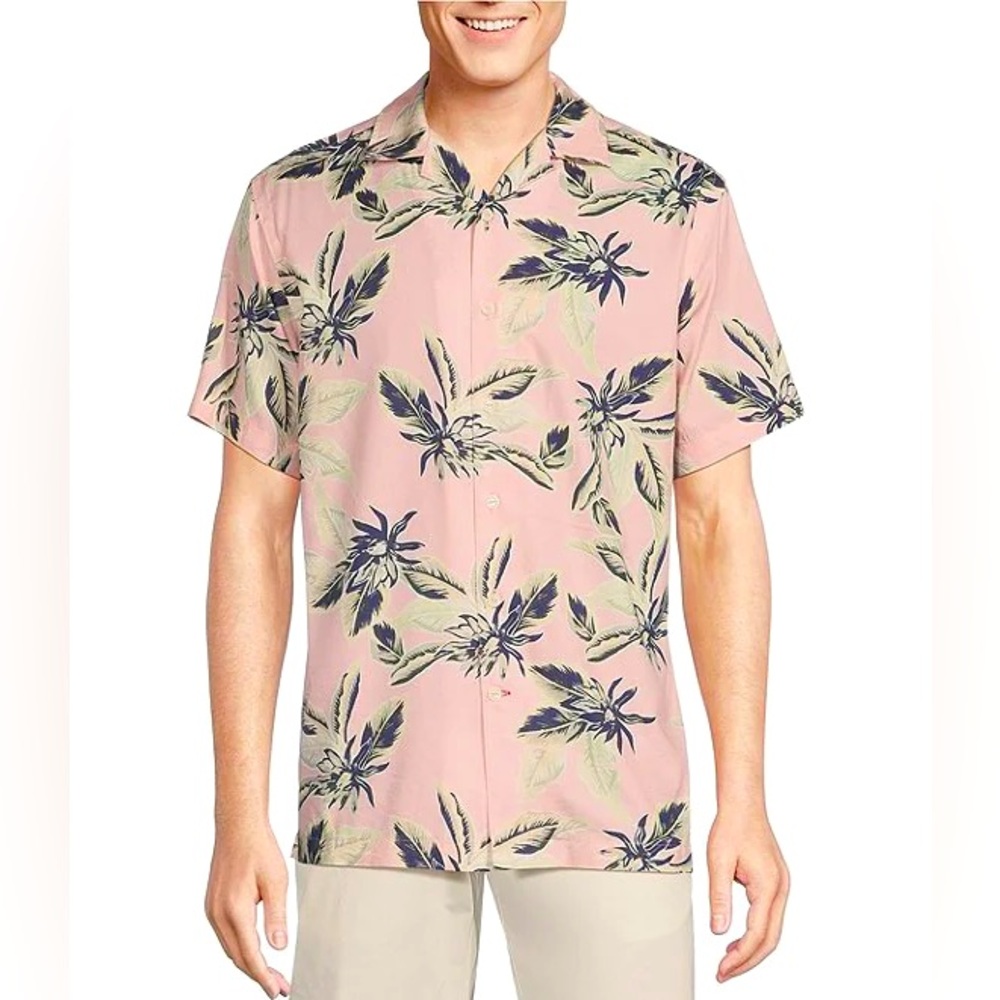 Cremieux Blue Label Cotton Twill Retro Palm Leaf Print Short Sleeve Shirt